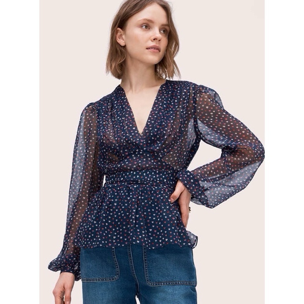 Kate Spade New York Lips Print Tie-Waist Silk Top Blouse Size 2 Navy Sheer